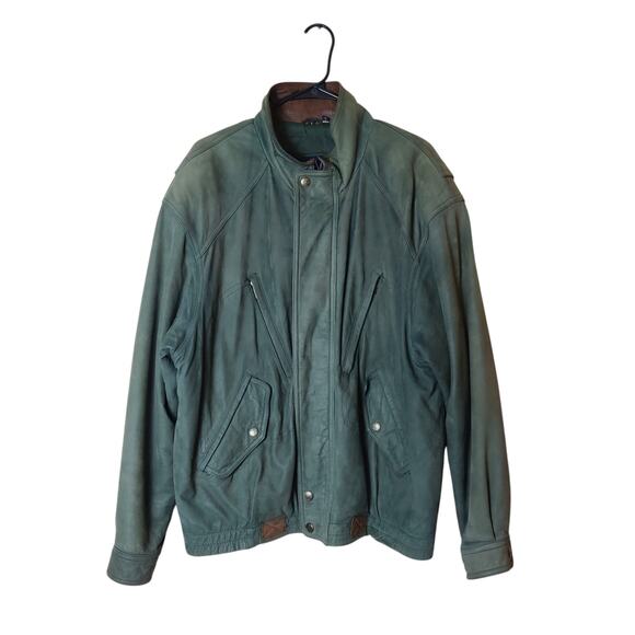 Vintage Beyond Leather Sage Green Leather Bomber Jacket Large 80s 90s Grunge - Picture 1 of 13